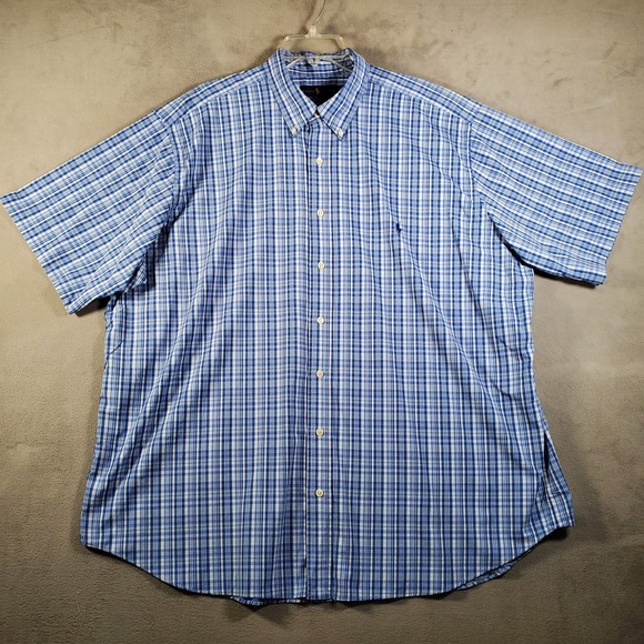 Ralph Lauren Shirt Men's 2XB Big Blue Plaid Performance Short Sleeve Button Up - Picture 1 of 7